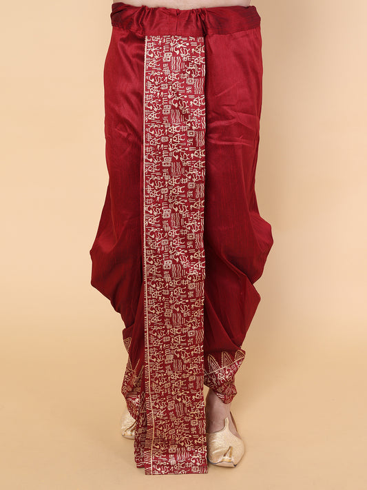 Men’s Maroon Ready-to-Wear Silk Dhoti with Golden Zari Detailing