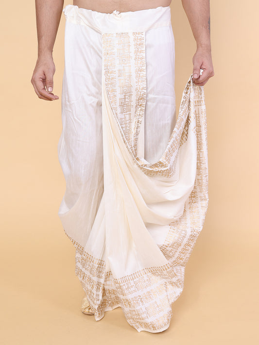 Men’s White Ready-to-Wear Silk Dhoti with Golden Detailing