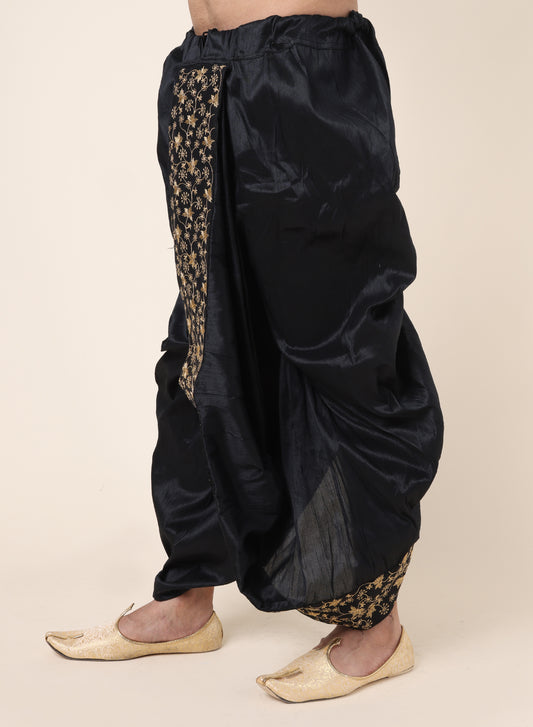 Men's Black Silk Blend Ready-to-Wear Dhoti with Golden Embroidered Border