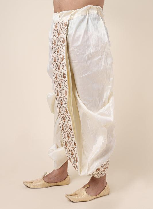 Men's Cream Silk Blend Ready-to-Wear Dhoti with Golden Embroidered Border