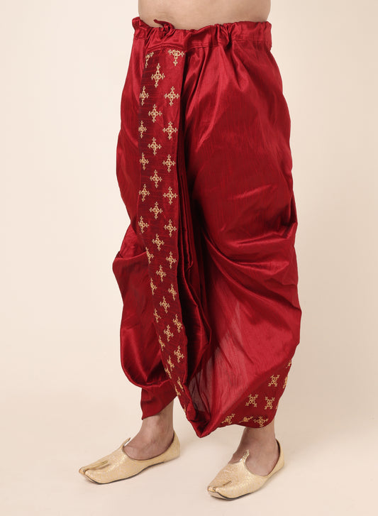 Men's Maroon Silk Blend Ready-to-Wear Dhoti with Golden Motif Embroidered Border