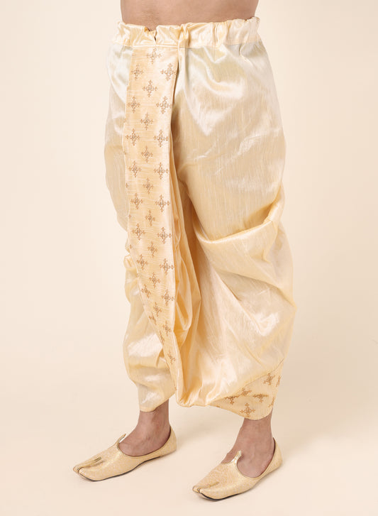 Men's Gold Silk Blend Ready-to-Wear Dhoti with Golden Motif Embroidered Border