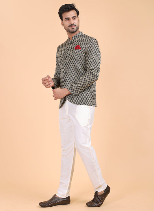 Men’s Black Silk Geometric Jodhpuri Suit