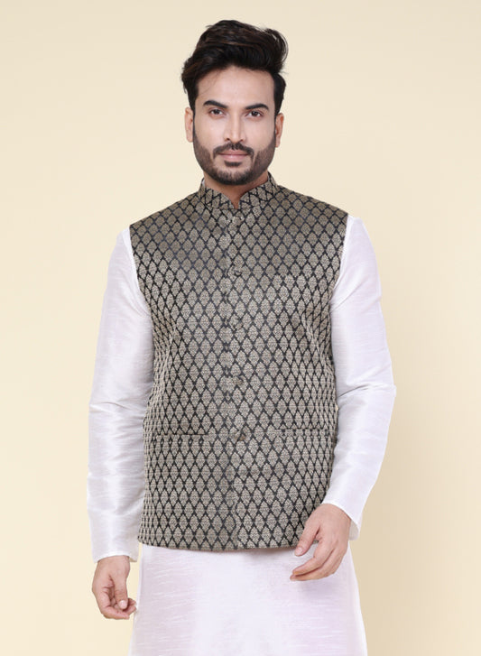 Men’s Black Silk Blend Nehru Jacket with Golden Woven Pattern