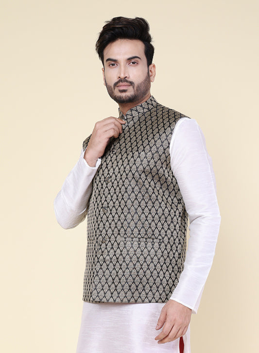 Men’s Black Silk Blend Nehru Jacket with Golden Woven Pattern