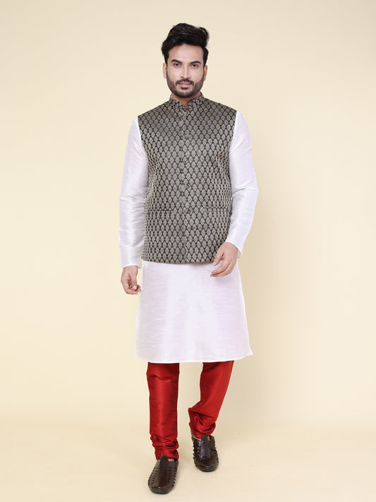 Men’s Silk White Kurta with Red Pajama and Brocade Jacket