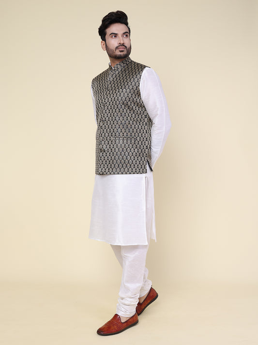 Men’s White Silk Kurta Pajama Set with Black Patterned Jacket