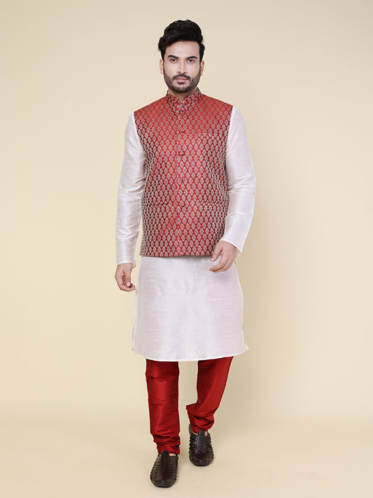 Men’s Silk White Kurta with Red Pyjama Set and Red Brocade Jacket