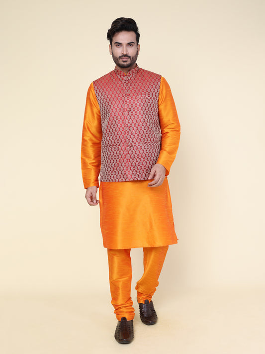 Men’s Silk Orange Kurta Pyjama Set with Red Brocade Jacket