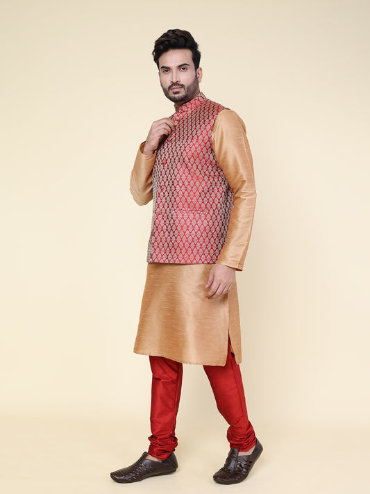 Men’s Silk Golden Kurta with Red Pyjama Set and Red Brocade Jacket