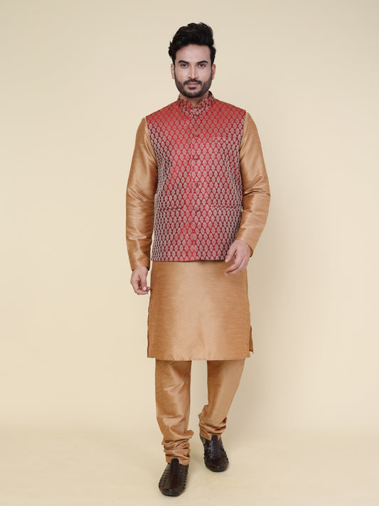 Men’s Silk Golden Kurta Pyjama Set with Red Brocade Jacket