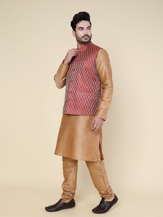 Men’s Silk Golden Kurta Pyjama Set with Red Brocade Jacket