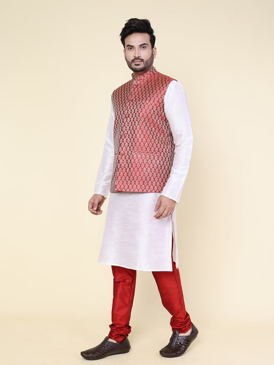 Men’s Silk White Kurta Pyjama with Red Bottoms and Red Brocade Jacket