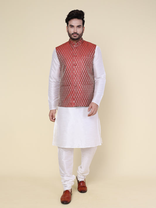 Men’s Silk White Kurta Pyjama Set with Red Brocade Jacket