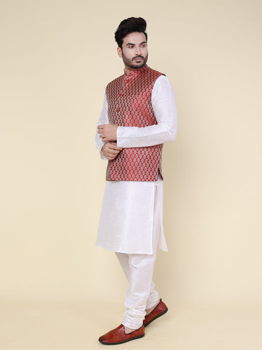 Men’s Silk White Kurta Pyjama Set with Red Brocade Jacket