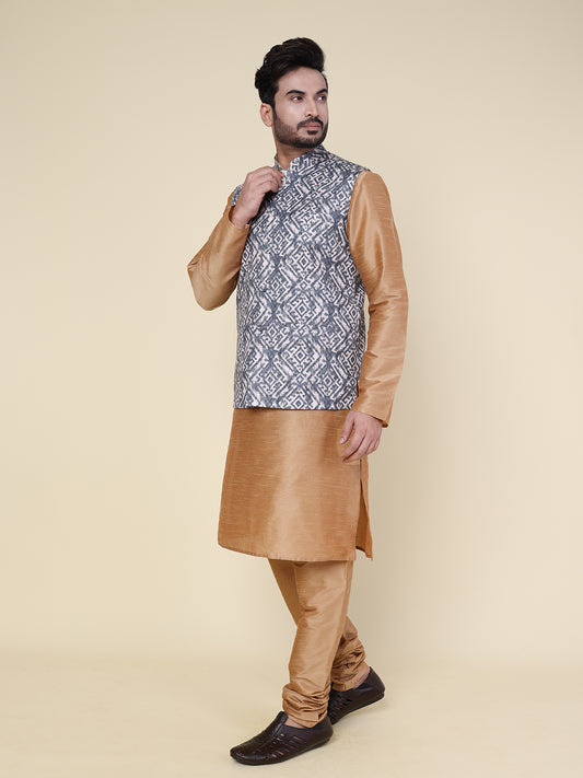 Men’s Silk Golden Kurta Pyjama Set with Grey Ikat Printed Jacket