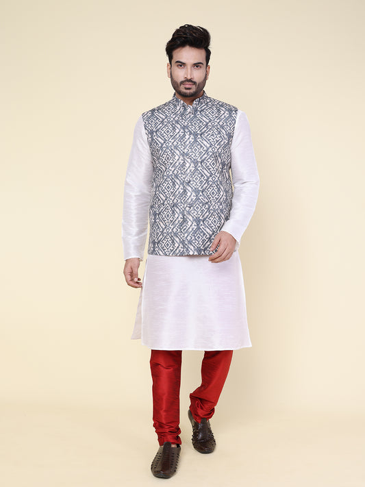 Men’s Silk White Kurta Pyjama with Red Bottoms and Grey Ikat Printed Jacket