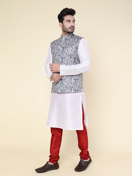 Men’s Silk White Kurta Pyjama with Red Bottoms and Grey Ikat Printed Jacket