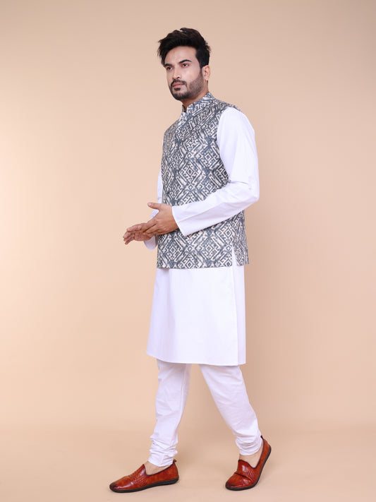 Men’s Silk White Kurta Pyjama Set with Grey Ikat Printed Jacket