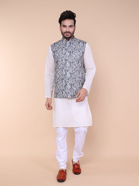 Men’s Silk White Kurta Pyjama Set with Grey Ikat Printed Jacket