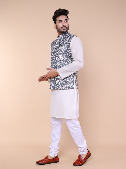Men’s Silk White Kurta Pyjama Set with Grey Ikat Printed Jacket