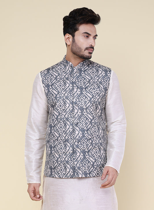 Men’s Grey Printed Silk Blend Nehru Jacket with Geometric Print