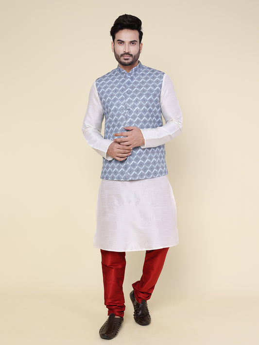 Men’s Silk White Kurta with Red Pyjama Set and Grey Printed Jacket