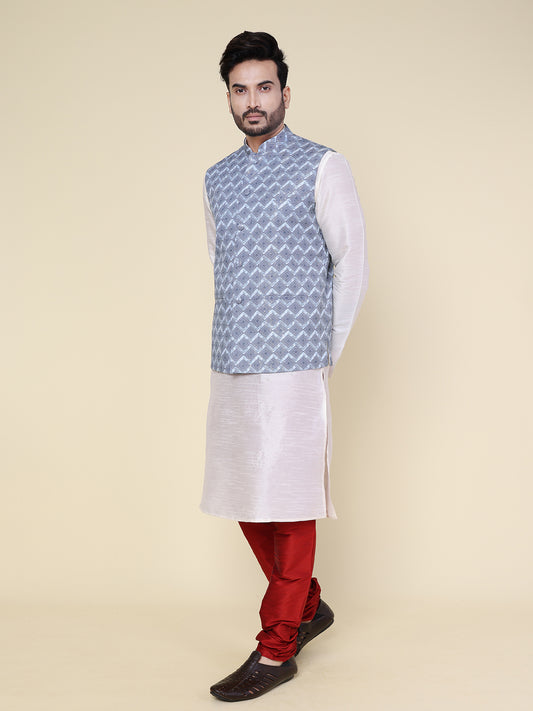 Men’s Silk White Kurta with Red Pyjama Set and Grey Printed Jacket