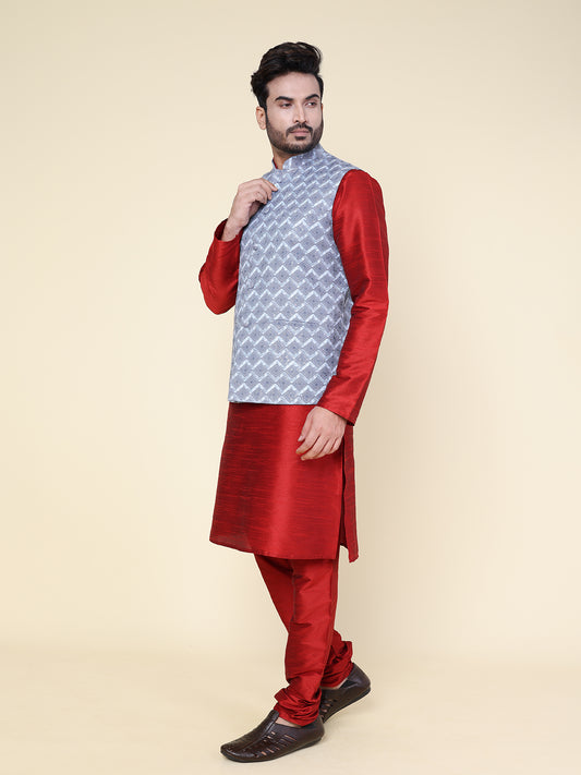 Men’s Silk Red Kurta Pyjama Set with Grey Printed Jacket