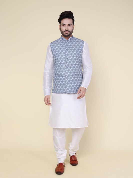 Men’s Silk White Kurta Pyjama Set with Grey Printed Jacket
