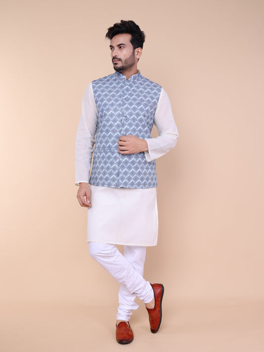 Men’s Silk White Kurta Pyjama Set with Grey Printed Jacket