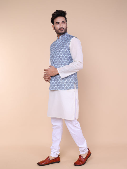Men’s Silk White Kurta Pyjama Set with Grey Printed Jacket