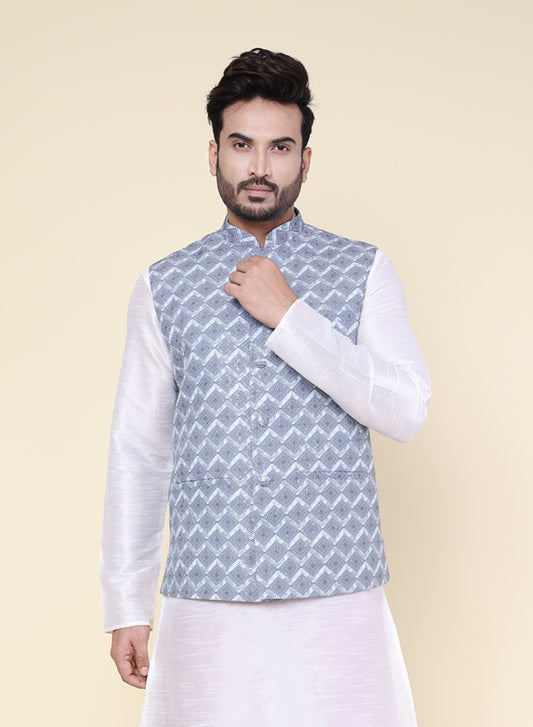 Men’s Blue Printed Silk Blend Nehru Jacket with Geometric Print