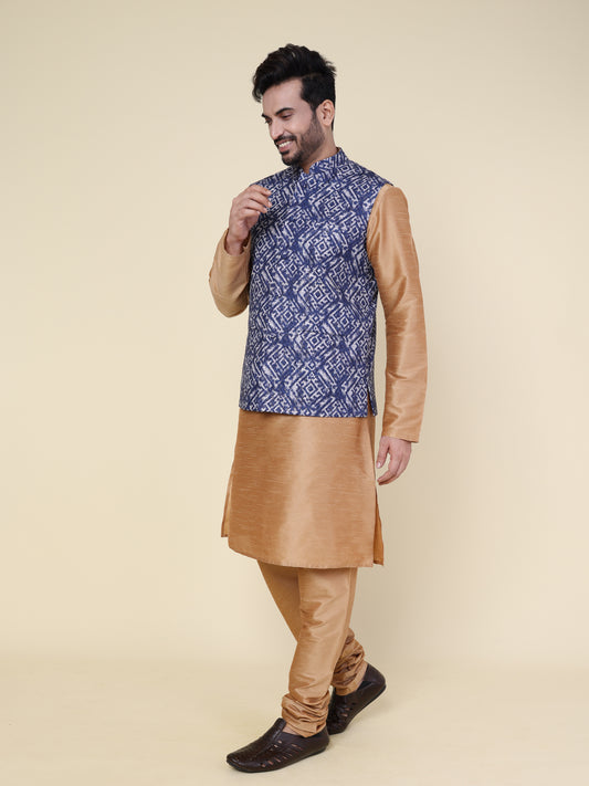 Men’s Silk Kurta Pyjama Set with Blue Ikat Printed Jacket