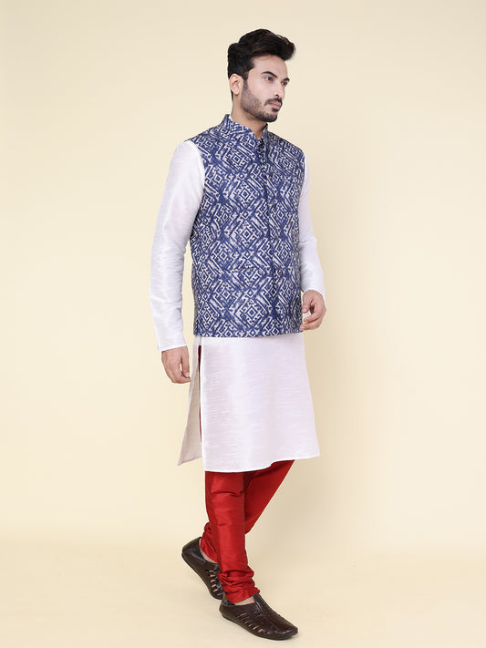 Men’s Silk White Kurta Pyjama Set with Blue Ikat Printed Jacket