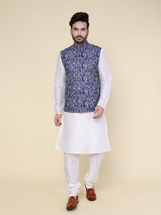 Men’s Silk Ikat Printed Jacket with White Kurta Pyjama Set