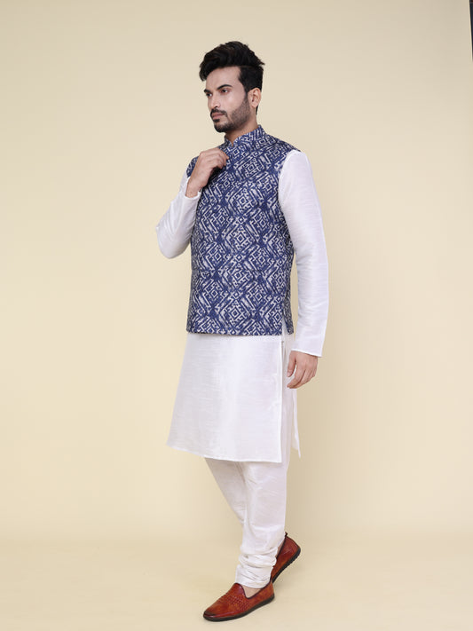 Men’s Silk Ikat Printed Jacket with White Kurta Pyjama Set