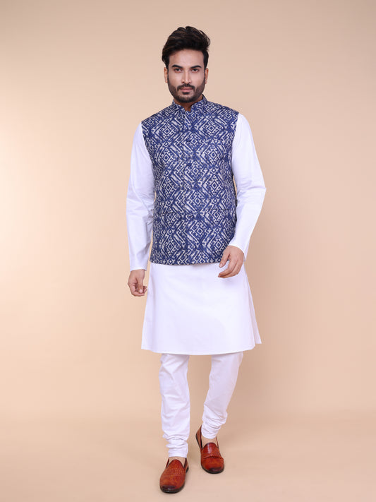 Men’s Silk Ikat Printed Jacket with White Kurta Pyjama Set