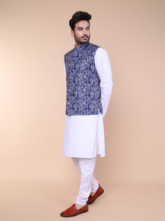 Men’s Silk Ikat Printed Jacket with White Kurta Pyjama Set