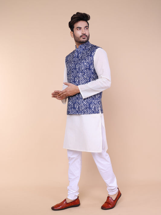 Men’s Silk Ikat Printed Jacket with White Kurta Pyjama Set