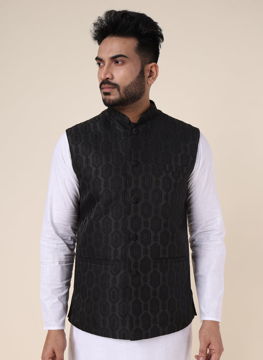 Men’s Black Silk Blend Nehru Jacket with Geometric Print