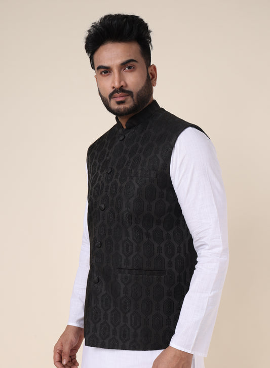 Men’s Black Silk Blend Nehru Jacket with Geometric Print