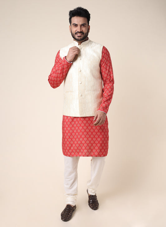 Men’s Red Printed Silk Kurta and White Pajama with Cream Jacket