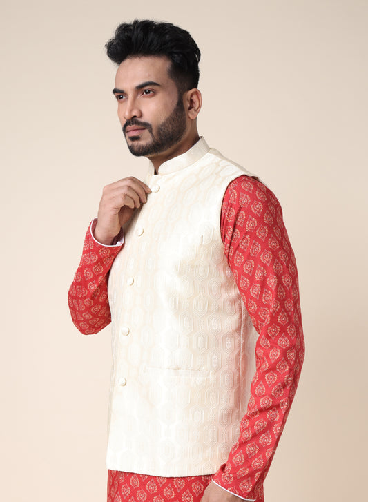 Men’s Cream Silk Blend Nehru Jacket with Geometric Print