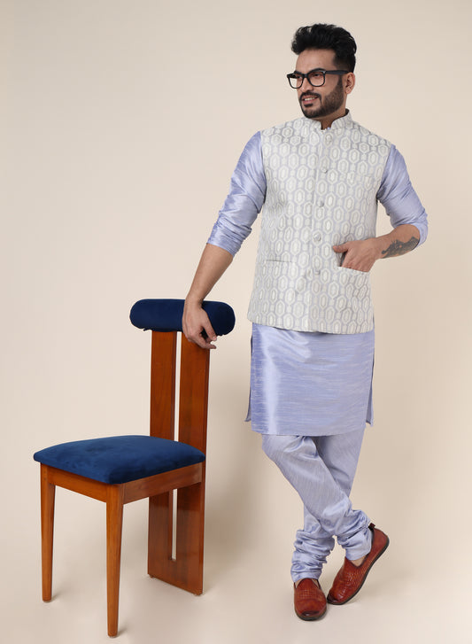 Men’s Hawa Silk Kurta Pajama Set with Grey Jacket