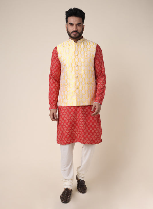 Men’s Red Printed Silk Kurta and White Pajama Set with Yellow Jacket