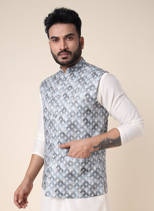 Men’s Light Blue Printed Nehru Jacket