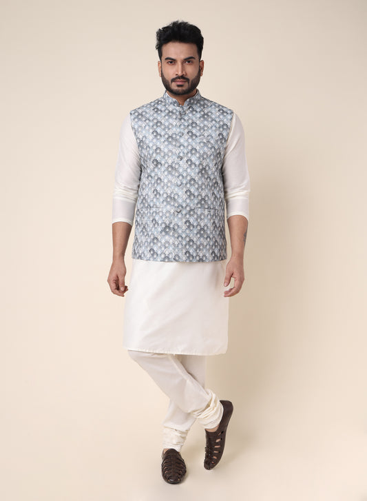 Men’s White Silk Kurta Pajama Set with Grey Printed Jacket