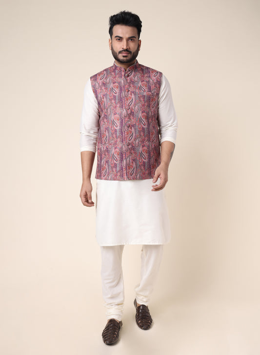 Men’s White Silk Kurta Pajama Set with Mauve Printed Jacket