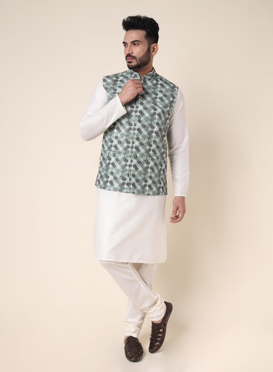Men’s White Silk Kurta Pajama Set with Green Printed Jacket